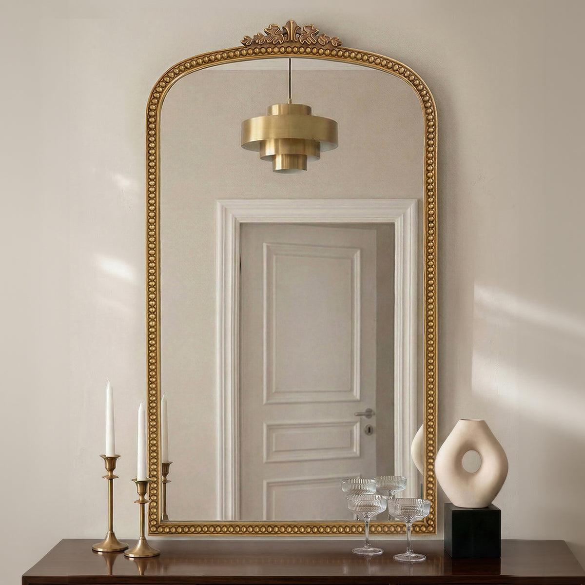 Gold Arched Decorative Vanity Mirror with Carved Frame