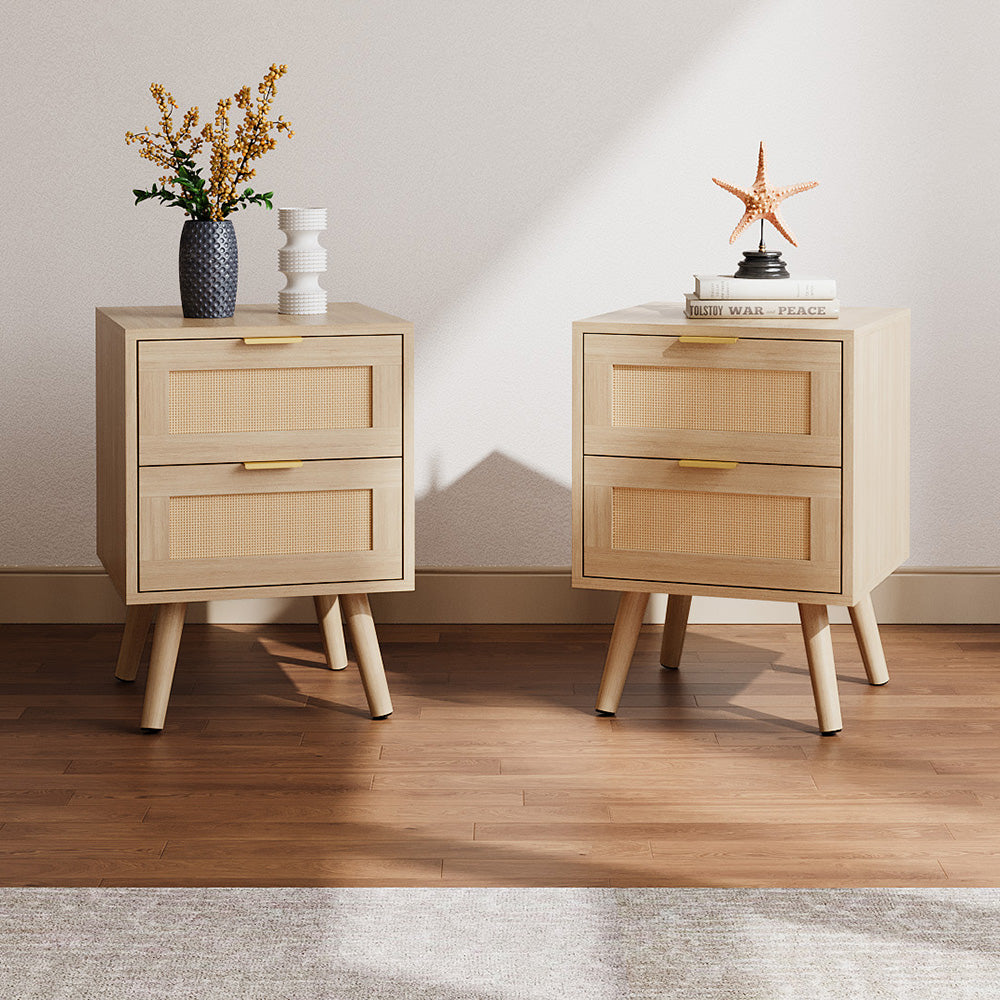 2 Pack Wood and Rattan Side Cabinet