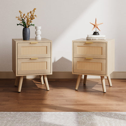 2 Pack Wood and Rattan Side Cabinet