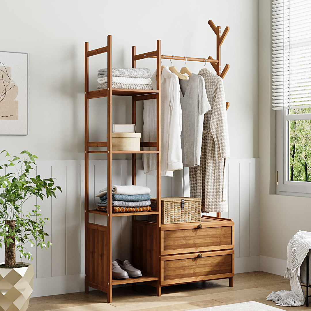 Multi-functional Wooden Coat Rack with Storage Cabinets