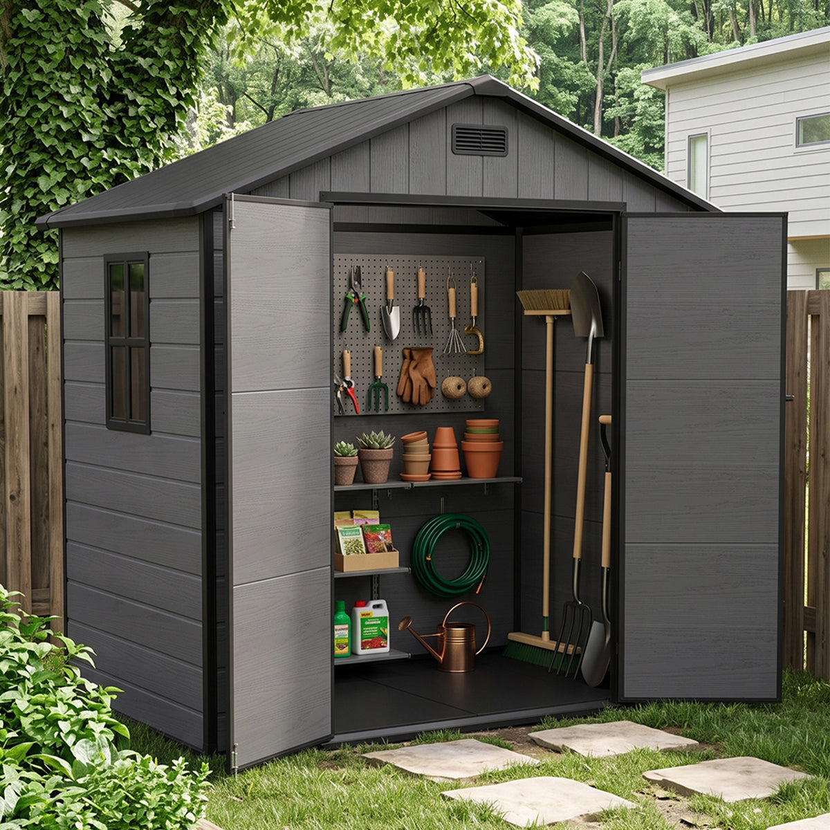 8 x 4 ft Plastic Garden Storage Shed with Apex Roof & Double Doors
