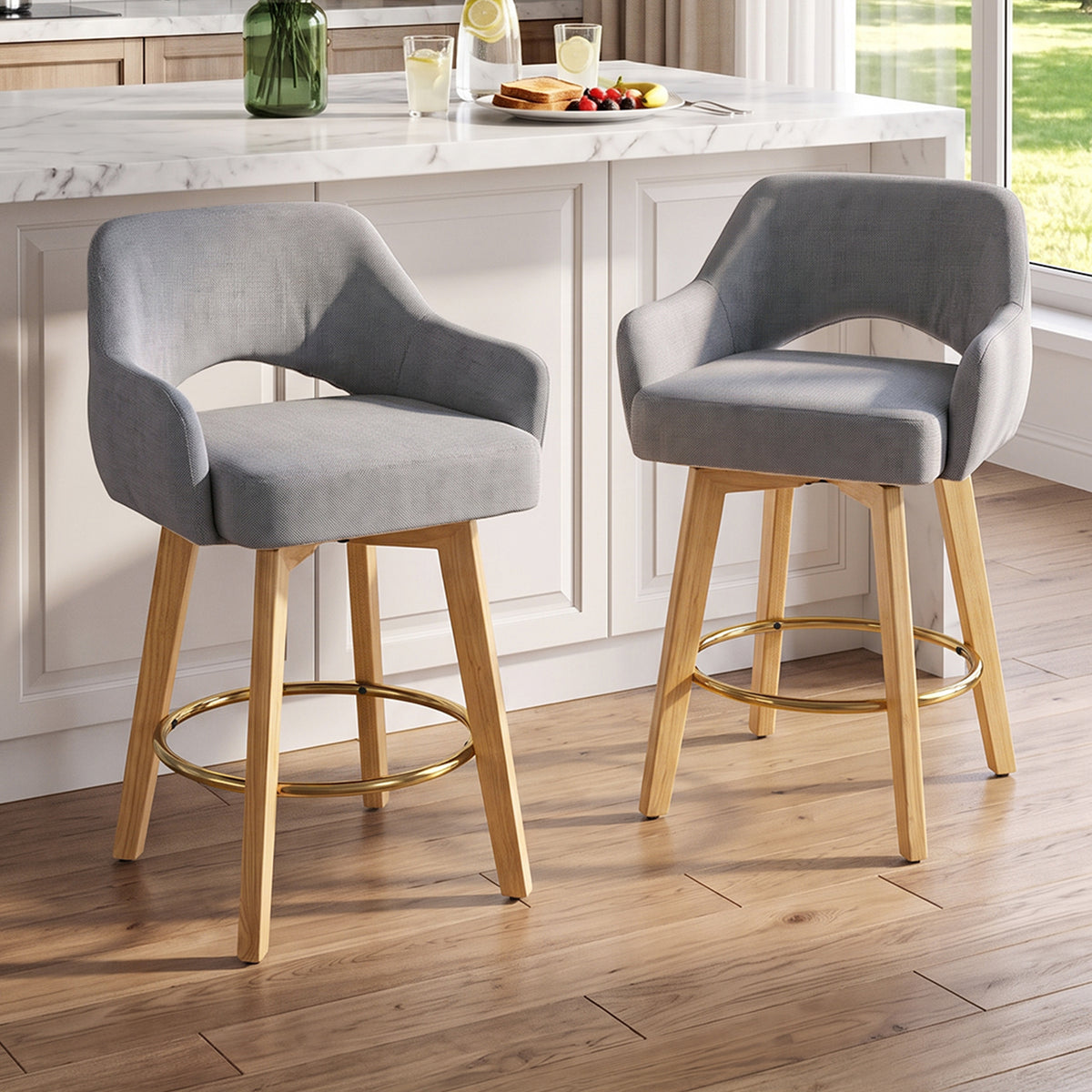 Set of 2 Swivel Chenille Upholstered Bar Stools with Wooden Legs