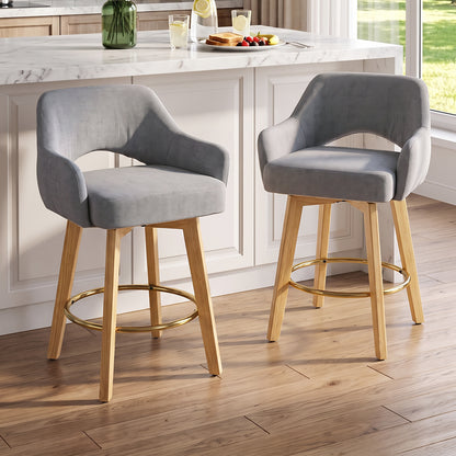 Set of 2 Swivel Chenille Upholstered Bar Stools with Wooden Legs