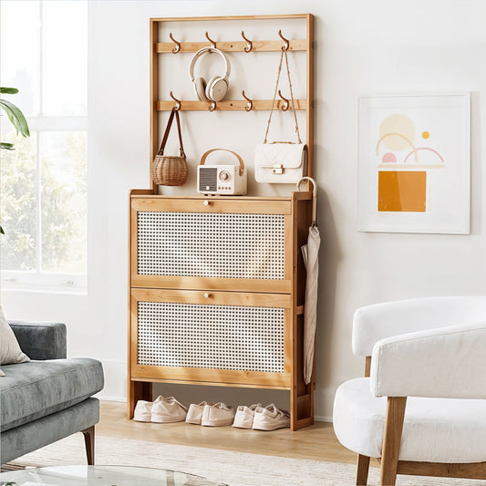 Bamboo Entryway Shoe Cabinet with Double-Row Hooks & Flip-down Shoe Trays