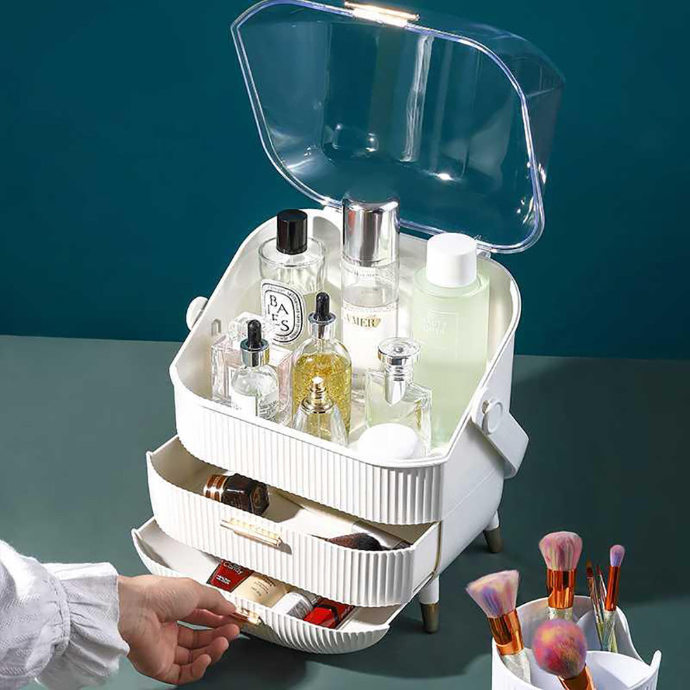 White/Green Elegant Makeup Storage Organizer Box with Drawers and Handle