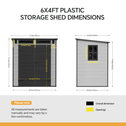 6 x 4 ft Plastic Garden Storage Shed with Pent Roof & Lockable Double Doors