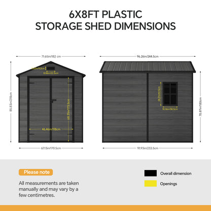 6 x 8 ft Plastic Garden Storage Shed with Apex Roof & Double Doors