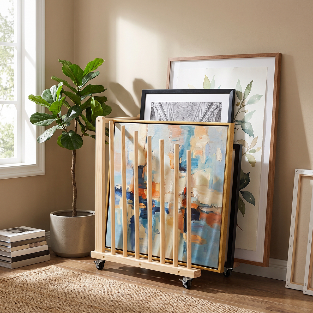 7 Slots Wooden Canvas Art Storage Rack with Castors