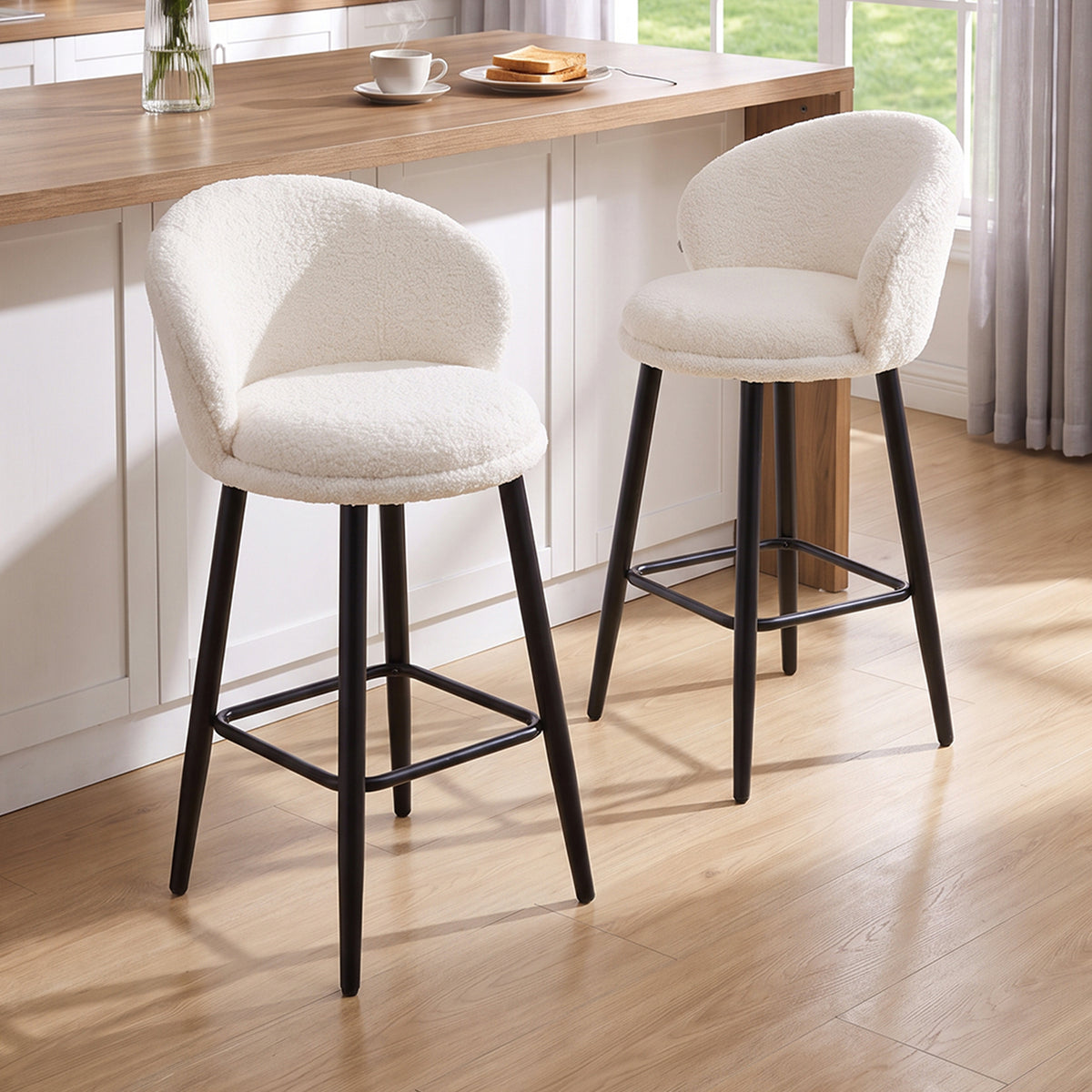 Set of 2 Sherpa Fleece Upholstered Bar Stools