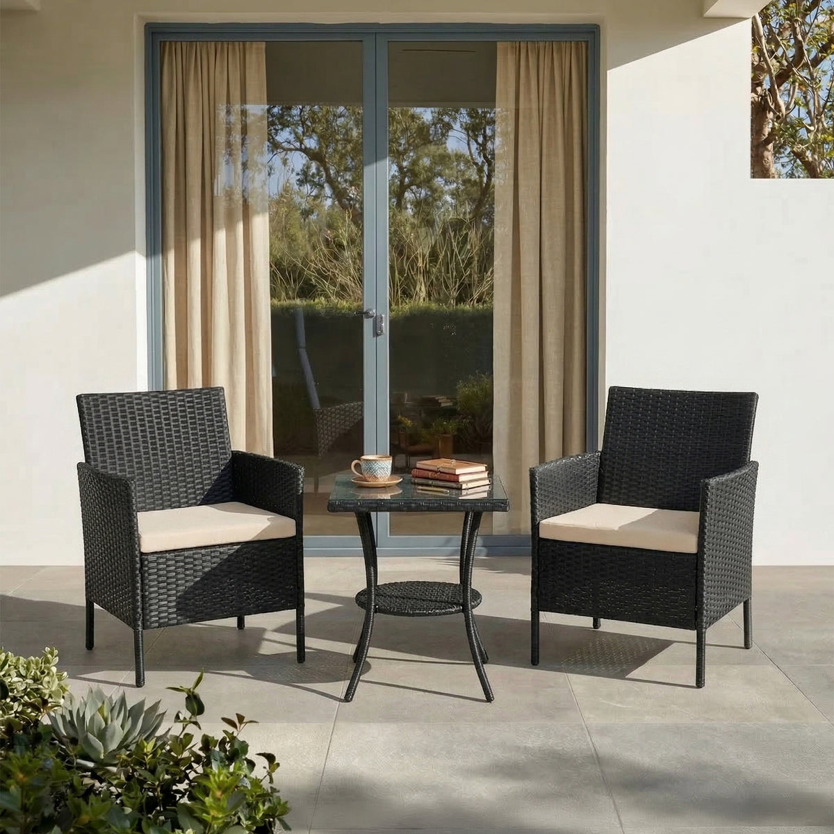 3-Piece PE Rattan Wicker Garden Furniture Bistro Set