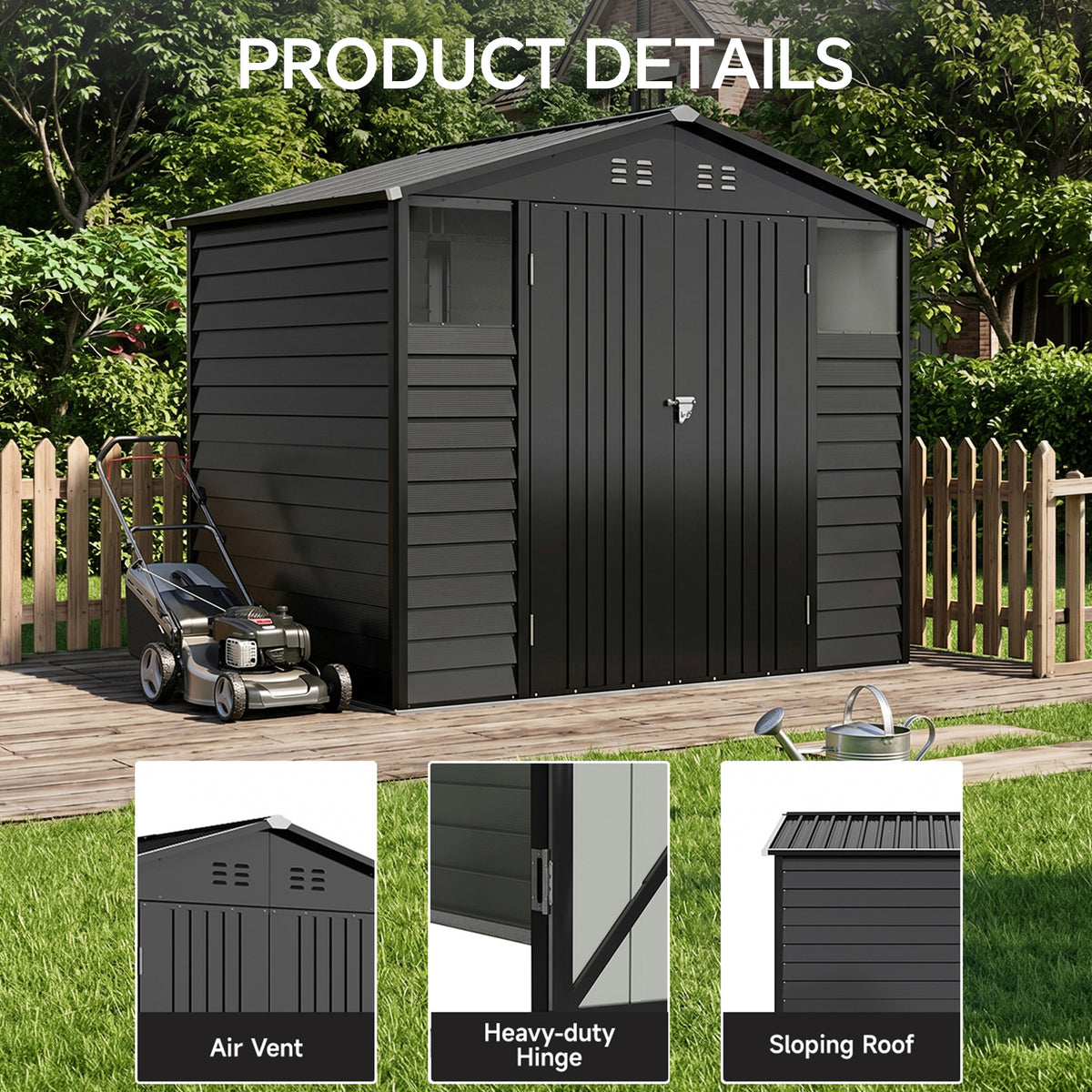 8 x 6 ft Metal Garden Storage Shed with Apex Roof & Double Doors