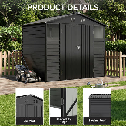 8 x 6 ft Metal Garden Storage Shed with Apex Roof & Double Doors