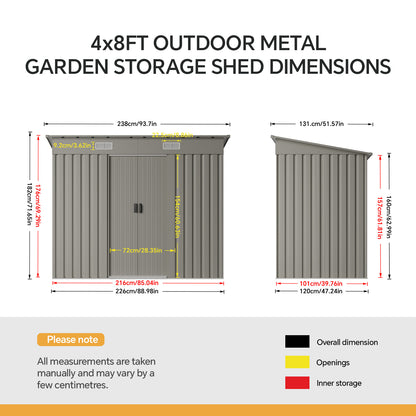 8 x 4 ft Metal Garden Storage Shed with Pent Roof & Lockable Double Doors