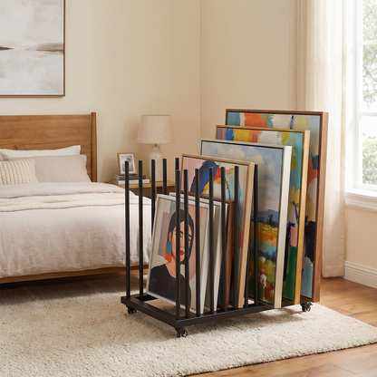 9 Slots Wooden Canvas Art Storage Rack with Castors