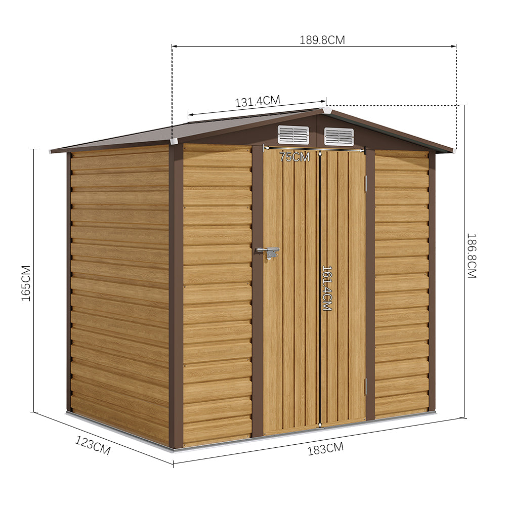 6 x 4 ft Wood Effect Galvanised Steel Garden Storage Shed with Apex Roof