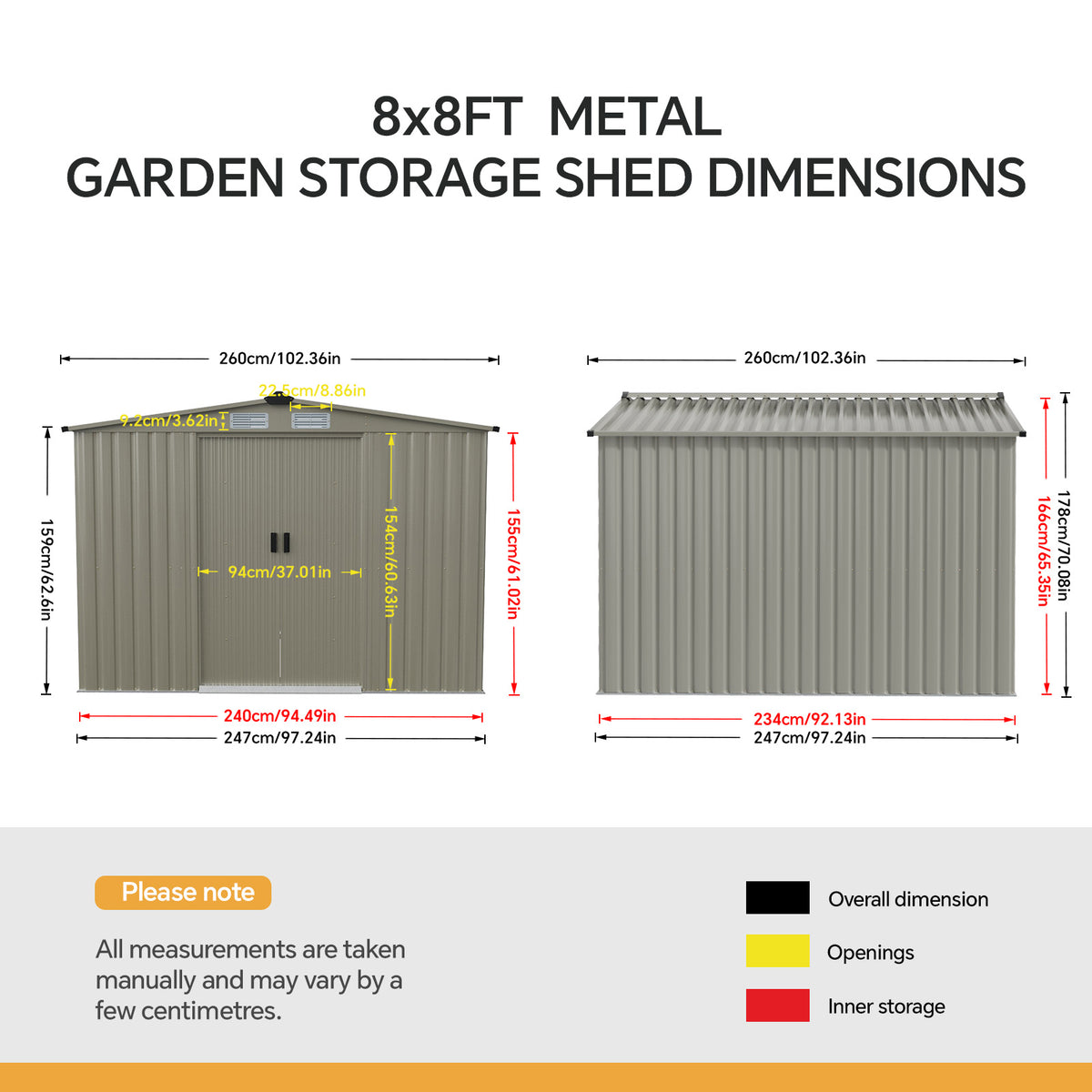 8 x 8 ft Metal Garden Storage Shed with Apex Roof & Sliding Door