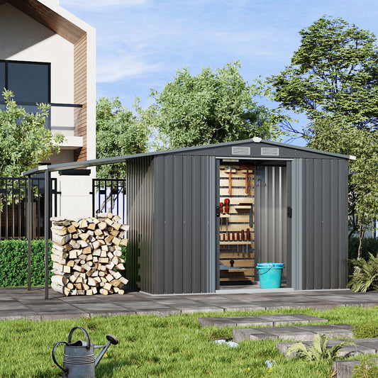 8 x 6 ft Metal Garden Storage Shed with Apex Roof & 4 ft Side Lean-to