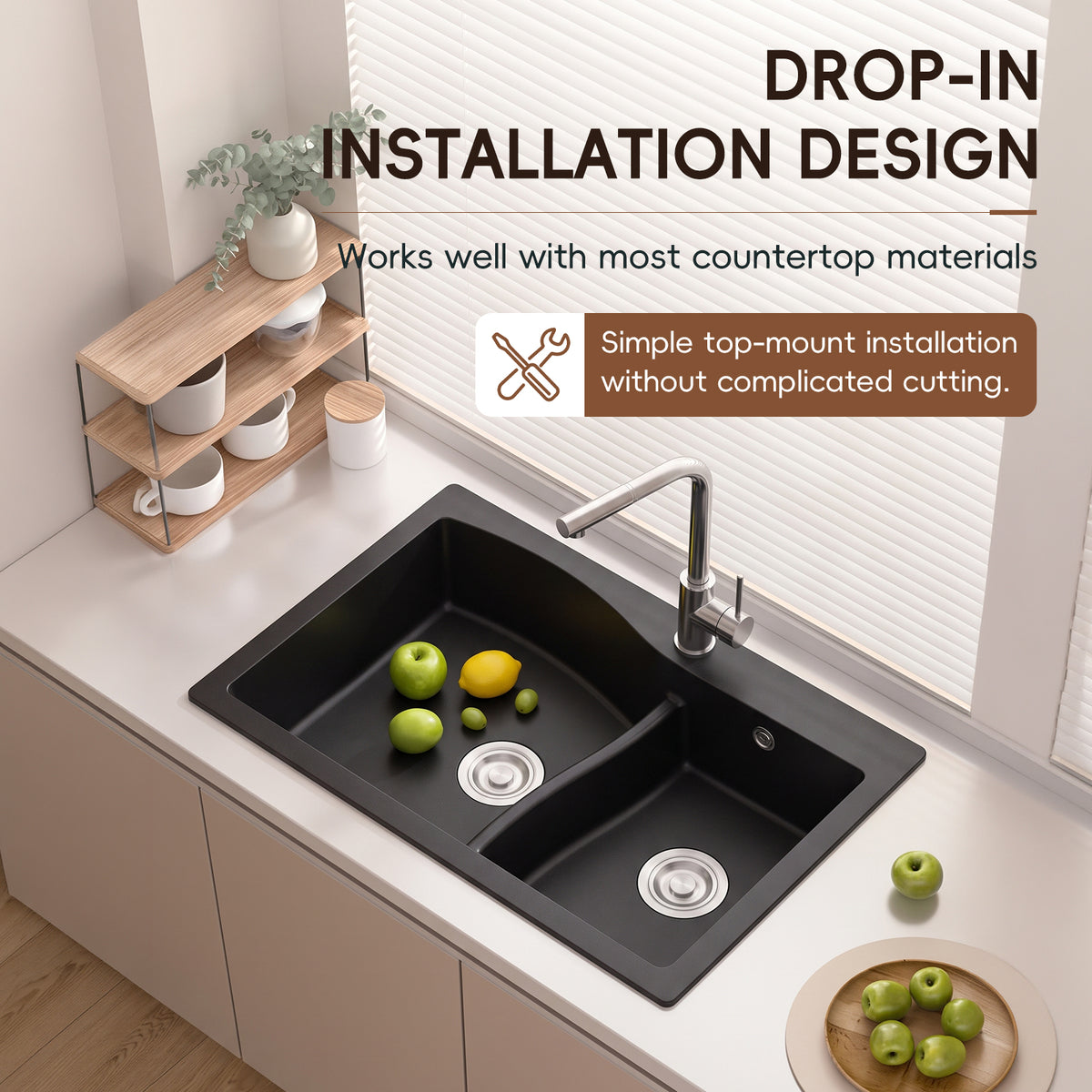 Modern Double Bowl Quartz Resin Composite Kitchen Sink with Waste Kit