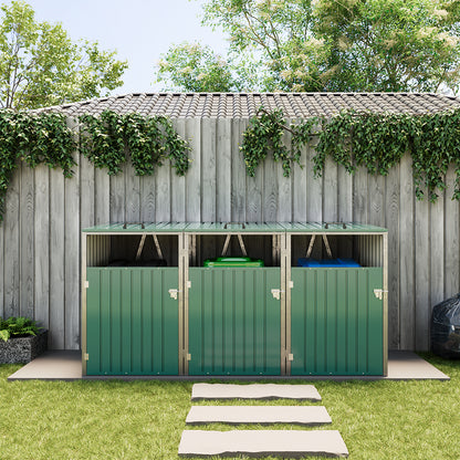 Green Metal Outdoor Garbage Bin Shed For 3 Trash Bin