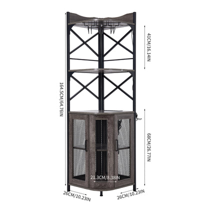 5-Tier Corner Bar Cabinet with Built-in Power Outlet and LED Lights