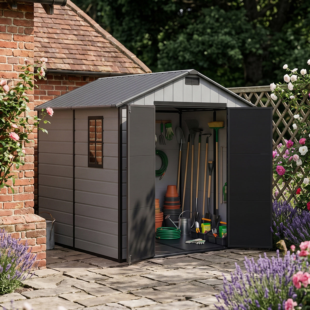 8 x 8 ft Plastic Garden Storage Shed with Apex Roof & Lockable Double Doors