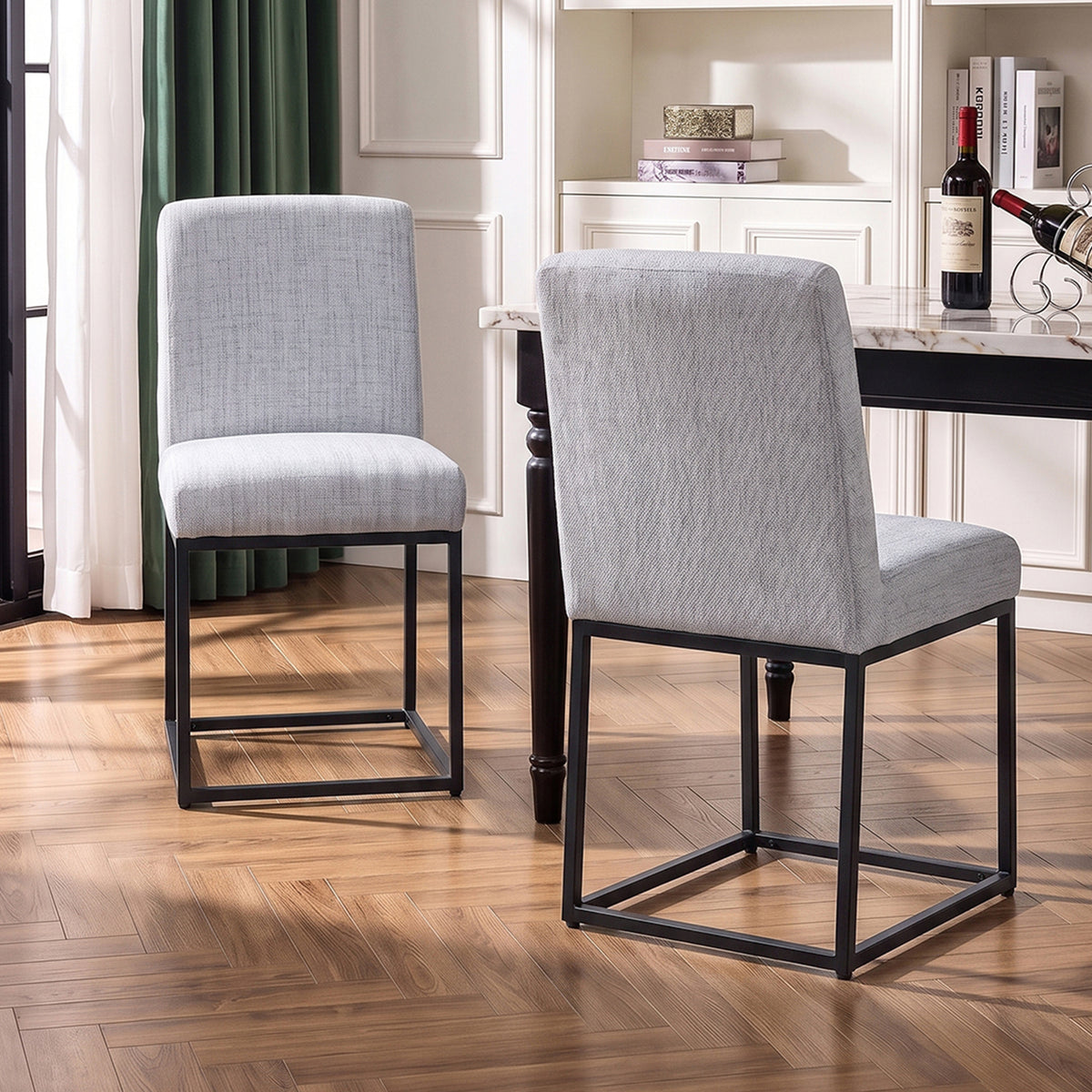 Set of 2 Chenille Upholstered Dining Chairs with Black Metal Legs