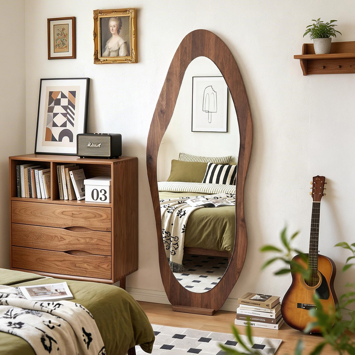 Wooden Frame Full Length Mirror with Mirror Base