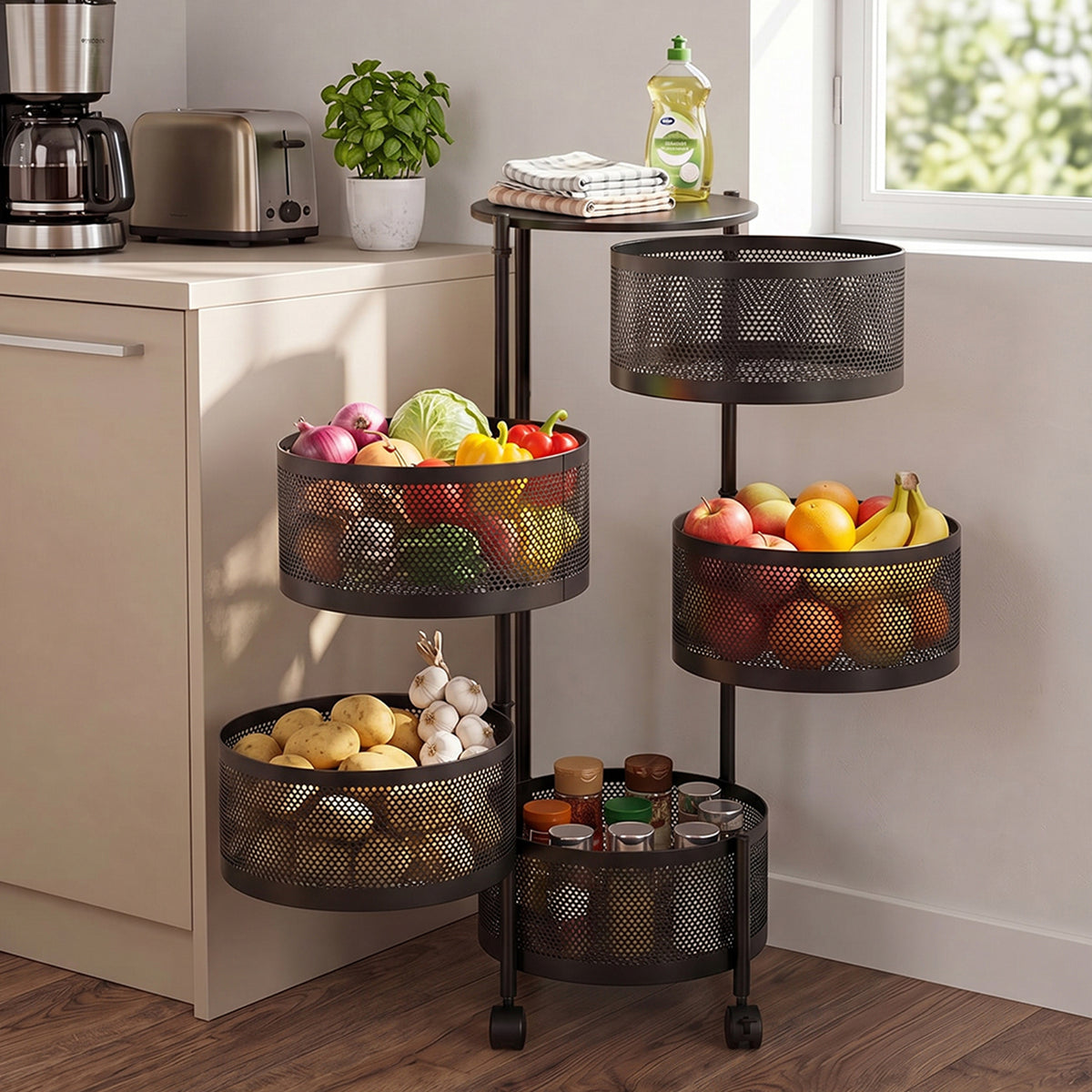 2–5 Tier Kitchen Storage Organiser with Rotating Baskets and Castors