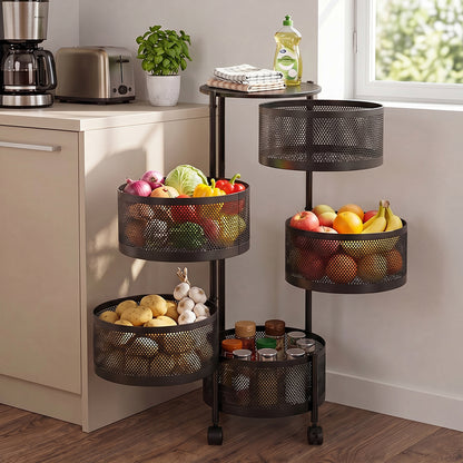 2–5 Tier Kitchen Storage Organiser with Rotating Baskets and Castors