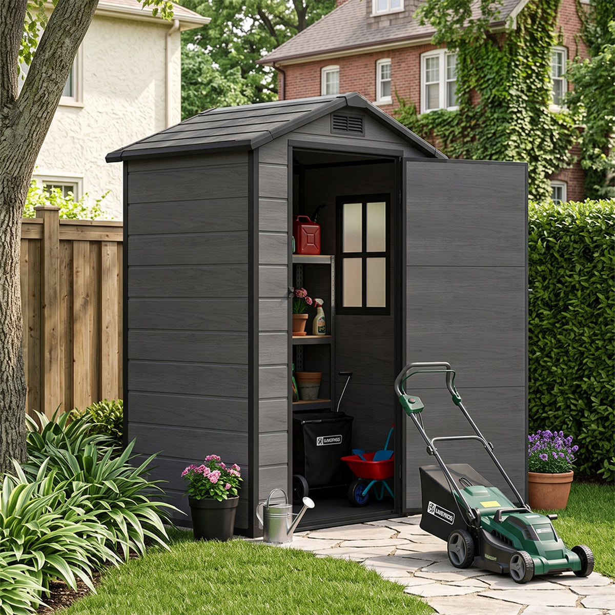 4.4 x 3.4 ft Plastic Garden Storage Shed with Apex Roof & Lockable Hinged Door