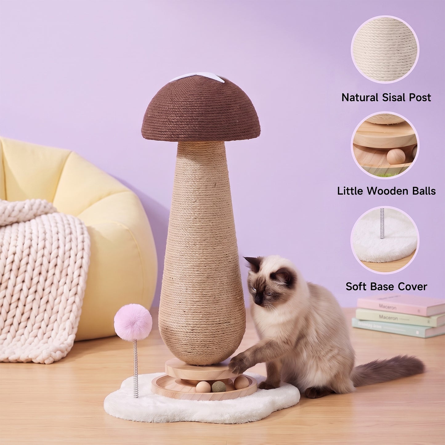 Brown Mushroom Cat Scratching Post with Turntable Toy