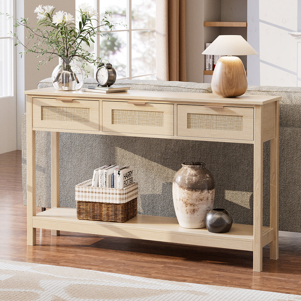 Rustic Wood Console Table with 3 Rattan Drawer