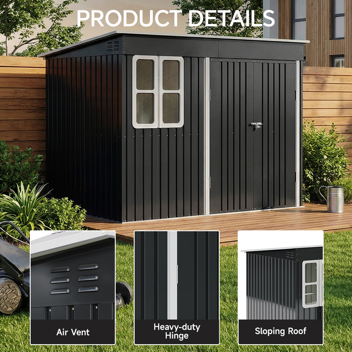 9 x 6 ft Metal Garden Storage Shed with Pent Roof & Double Doors