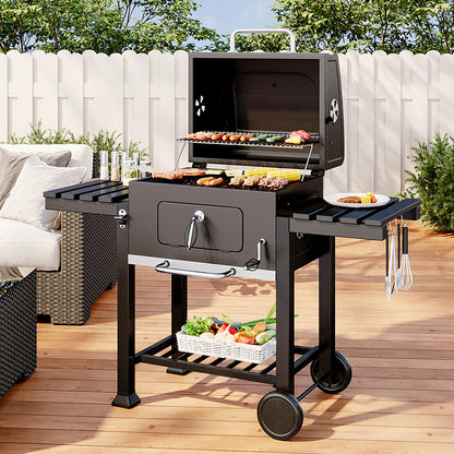 138CM Wide Charcoal BBQ Grill with Side Shelves