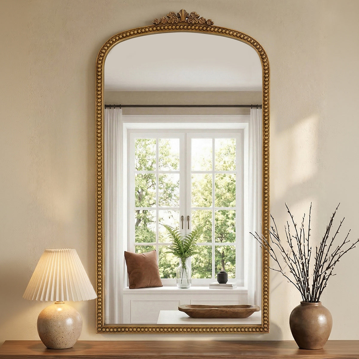 Gold Arched Decorative Vanity Mirror with Carved Frame