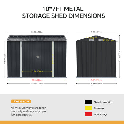 10 x 7 ft Metal Garden Storage Shed with Apex Roof & Double Doors