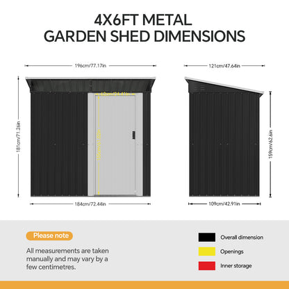 6 x 4 ft Metal Garden Storage Shed with Pent Roof & Single Door