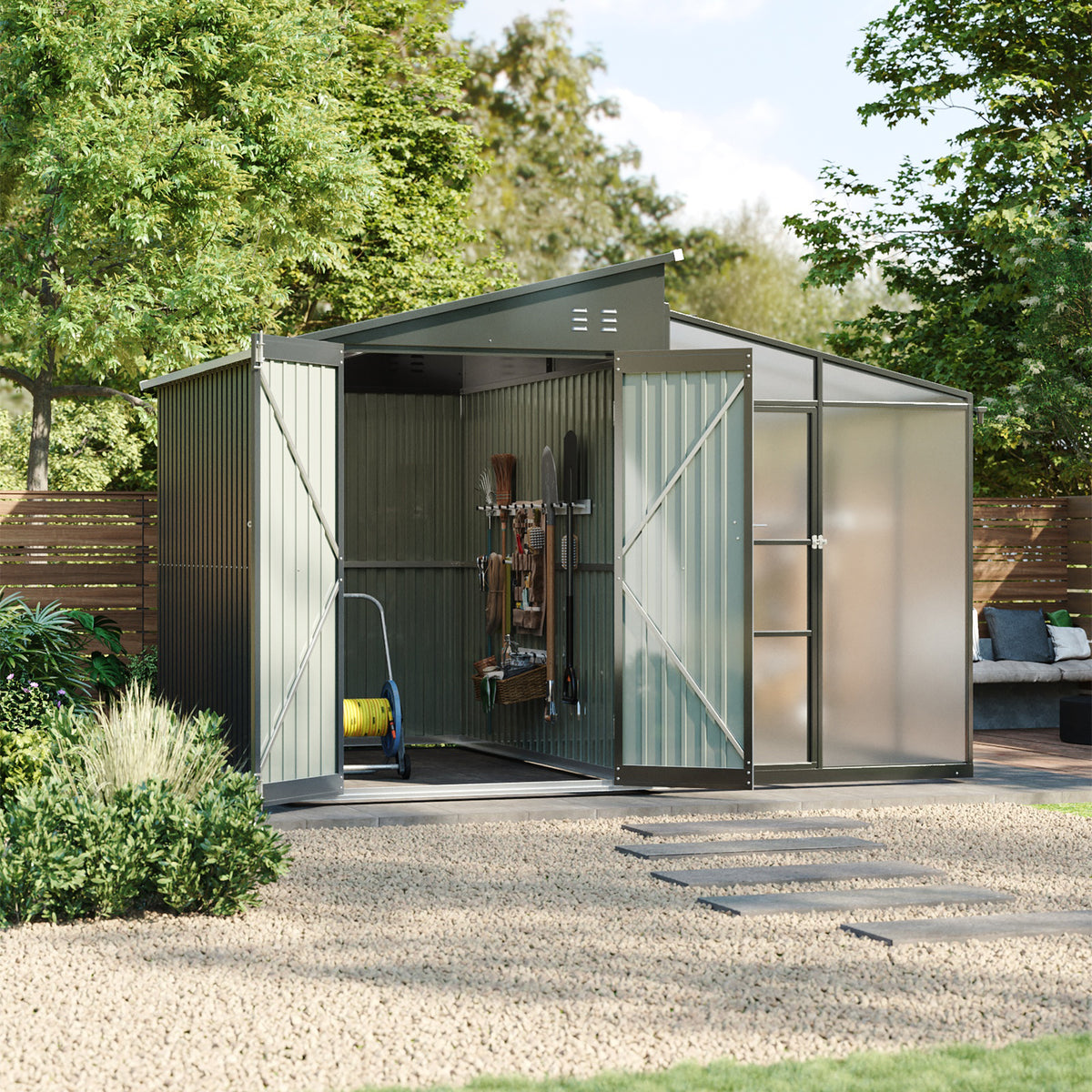 Garden Storage Shed with Lean-To Greenhouse With Double Doors