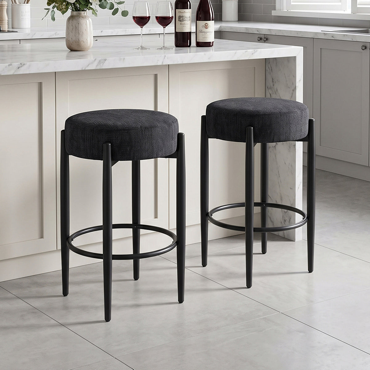 Set of 2 Modern Chenille Bar Stool with Footrest