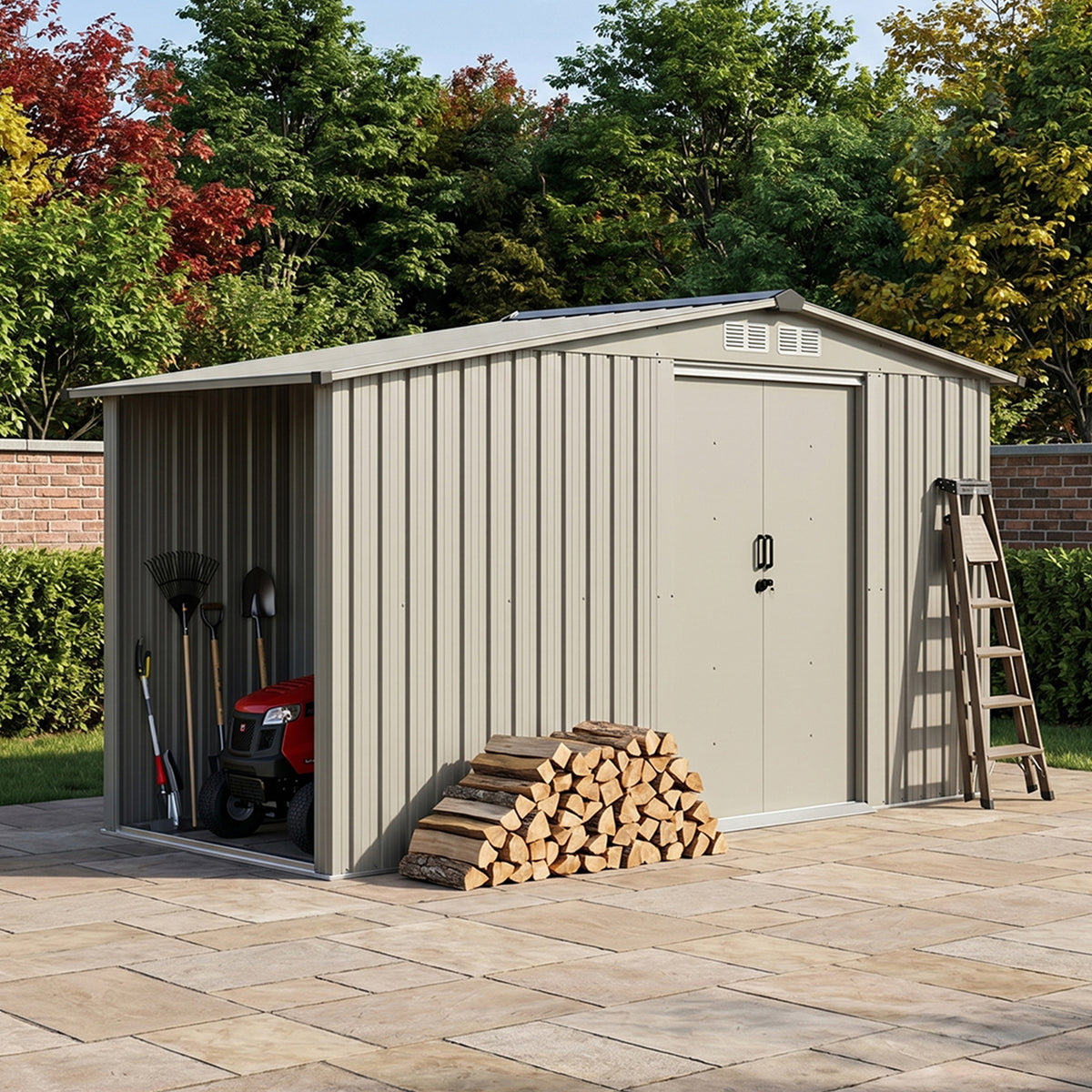 8 x 4 ft Metal Garden Storage Shed with Integrated Log Store & Apex Roof
