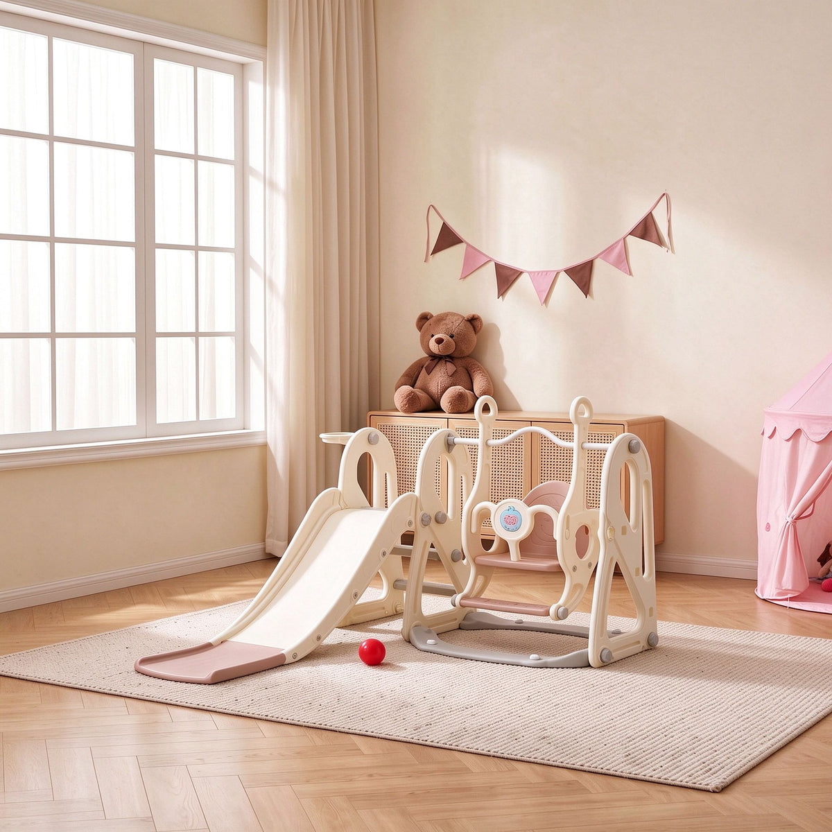 4-in-1 Kids Slide & Swing Set with Basketball Hoop
