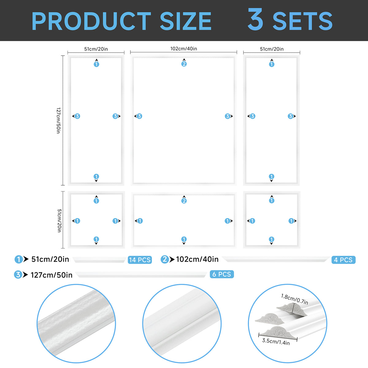 Set of 3 Waterproof Self-Adhesive Pre-Cut Wall Moulding Trim Kit