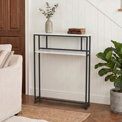 2-Tier Narrow Marble-Effect Console Table