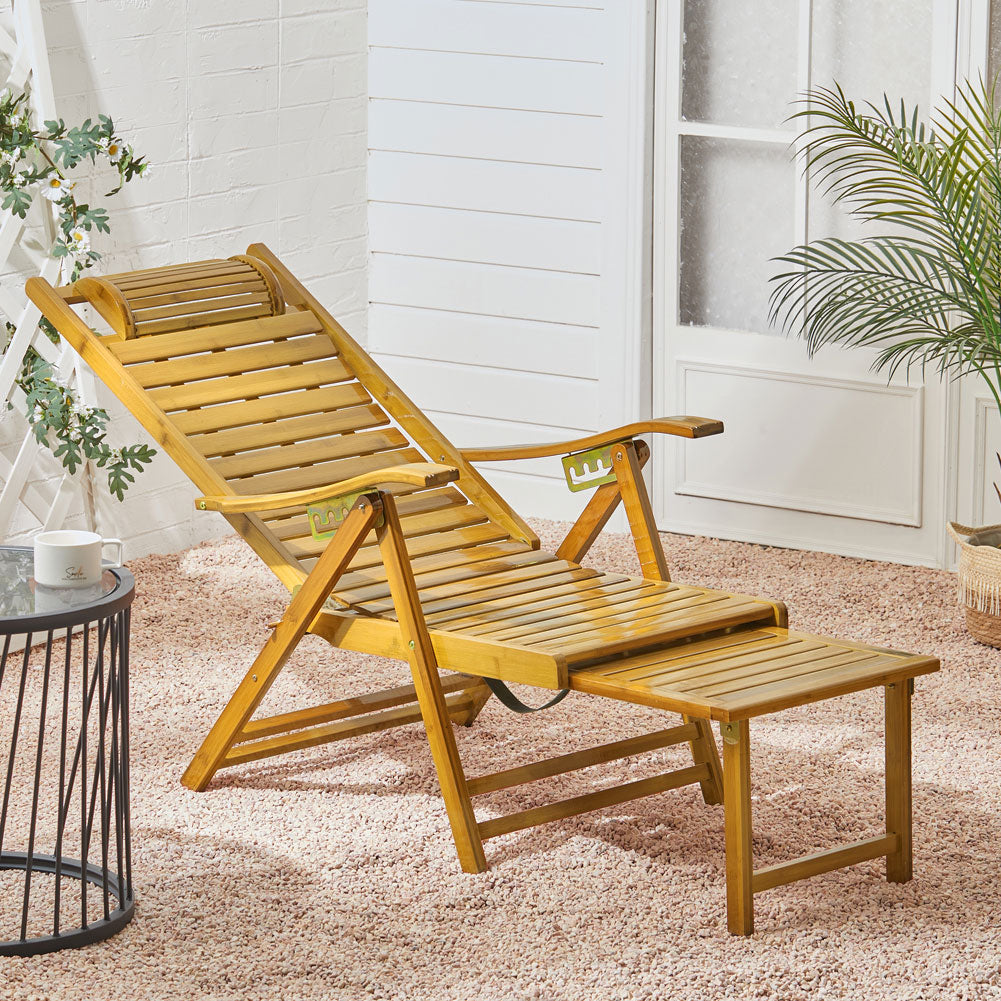 Garden Bamboo Wood Foldable Recliner Lounge Chair with Retractable Footrest