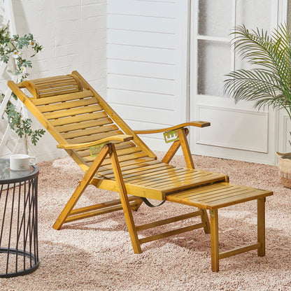 Garden Bamboo Wood Foldable Recliner Lounge Chair with Retractable Footrest