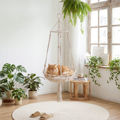 Bohemian Style Handwoven Cat Hammock Cat Bed with Soft Cushion