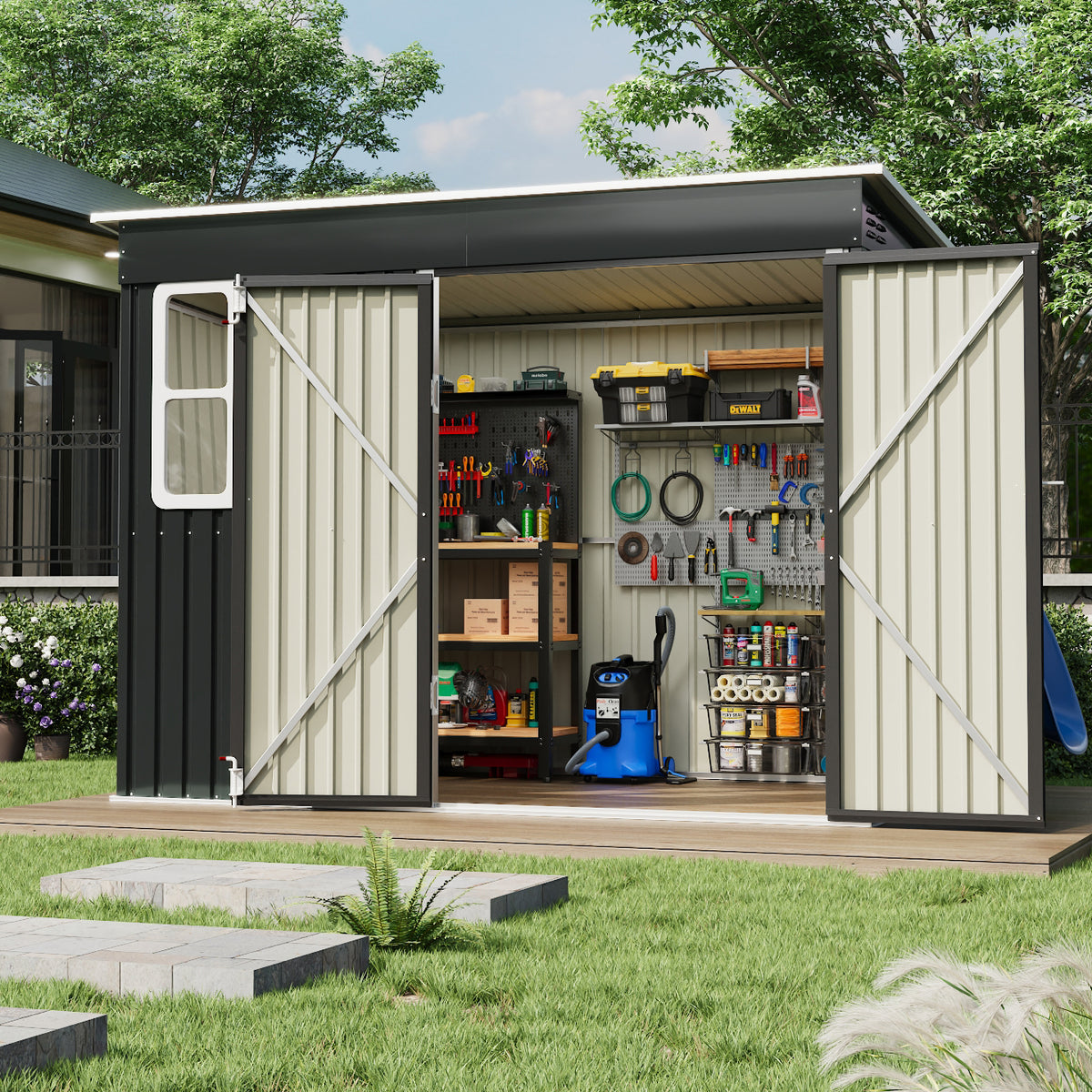 9 x 6 ft Metal Garden Storage Shed with Pent Roof & Double Doors