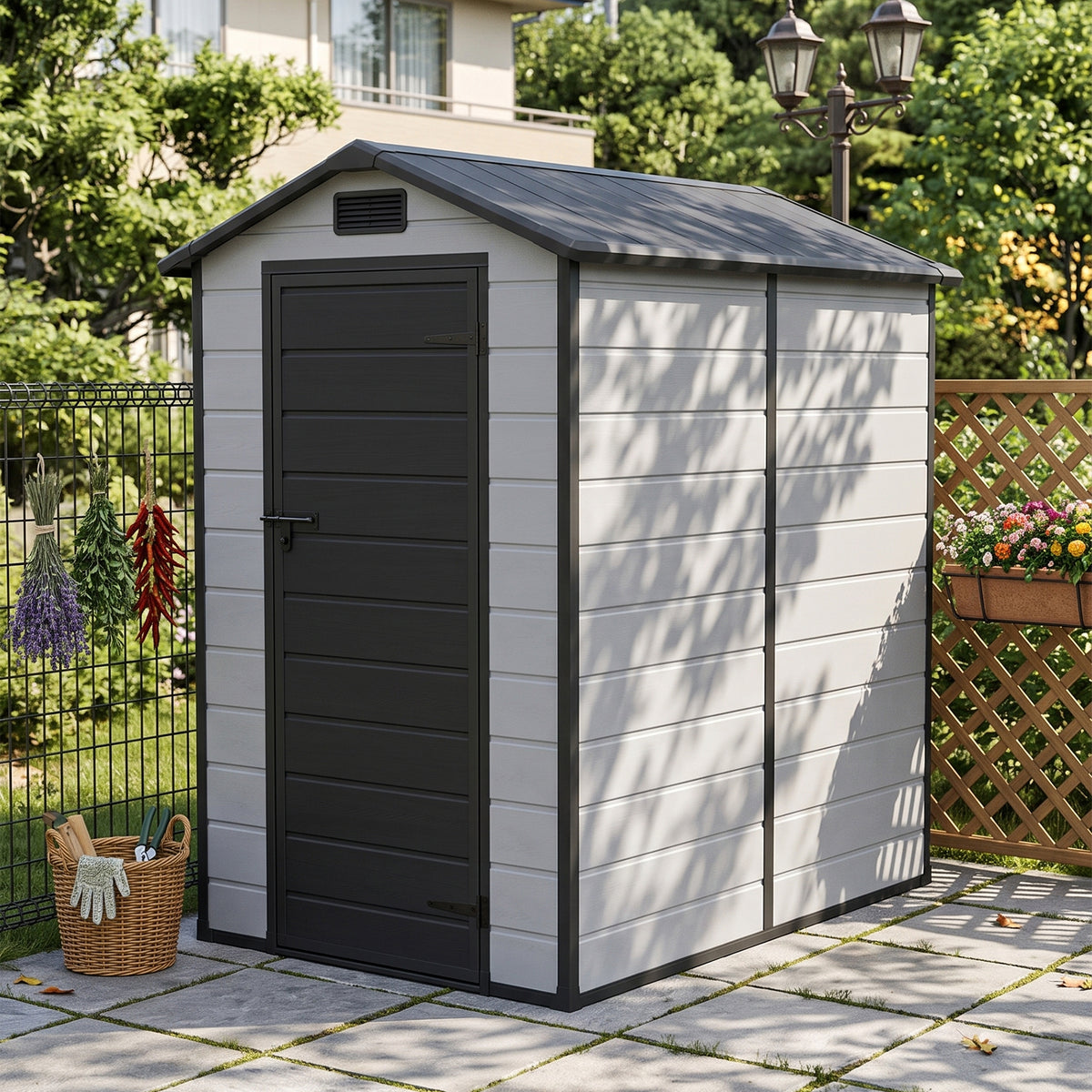 4 x 6 ft Plastic Garden Storage Shed with Apex Roof & Lockable Door