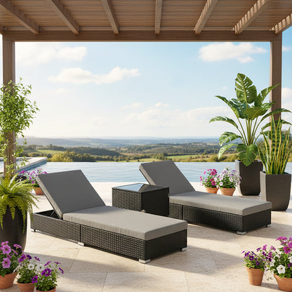 3 Piece Rattan Rattan Sun Lounger with Storage Table