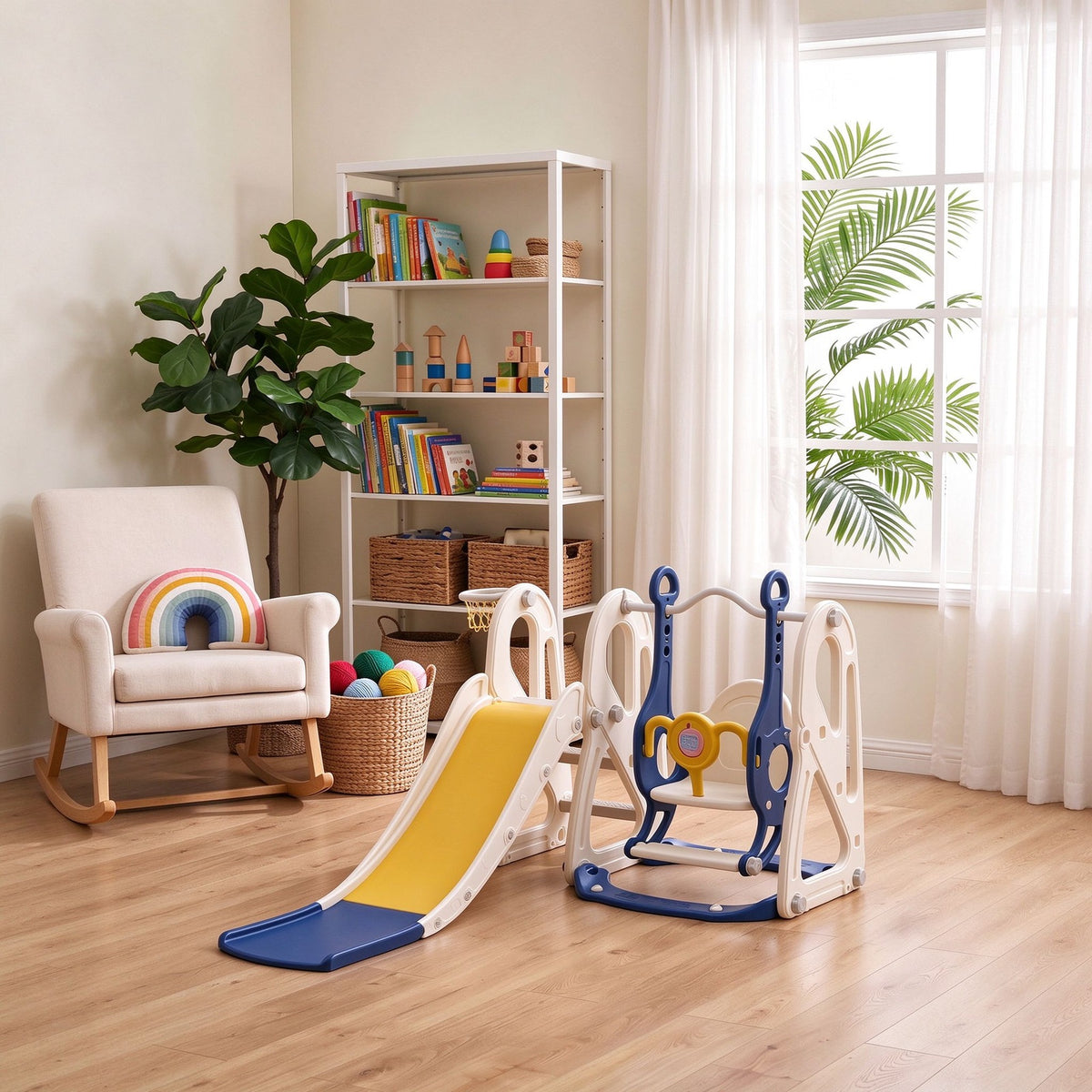 4-in-1 Kids Slide & Swing Set with Basketball Hoop
